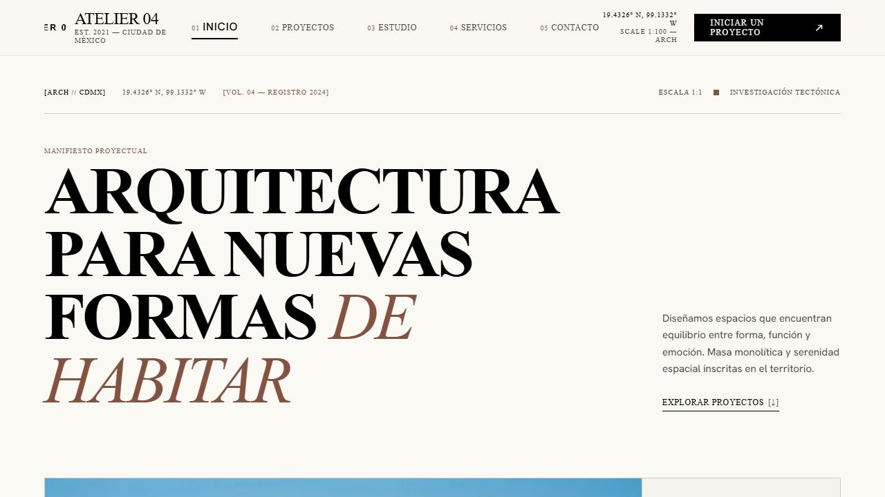 Captura real del diseño web de ATELIER 04