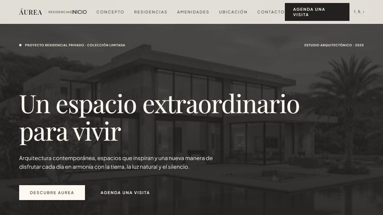 Captura real del diseño web de AUREA Residences