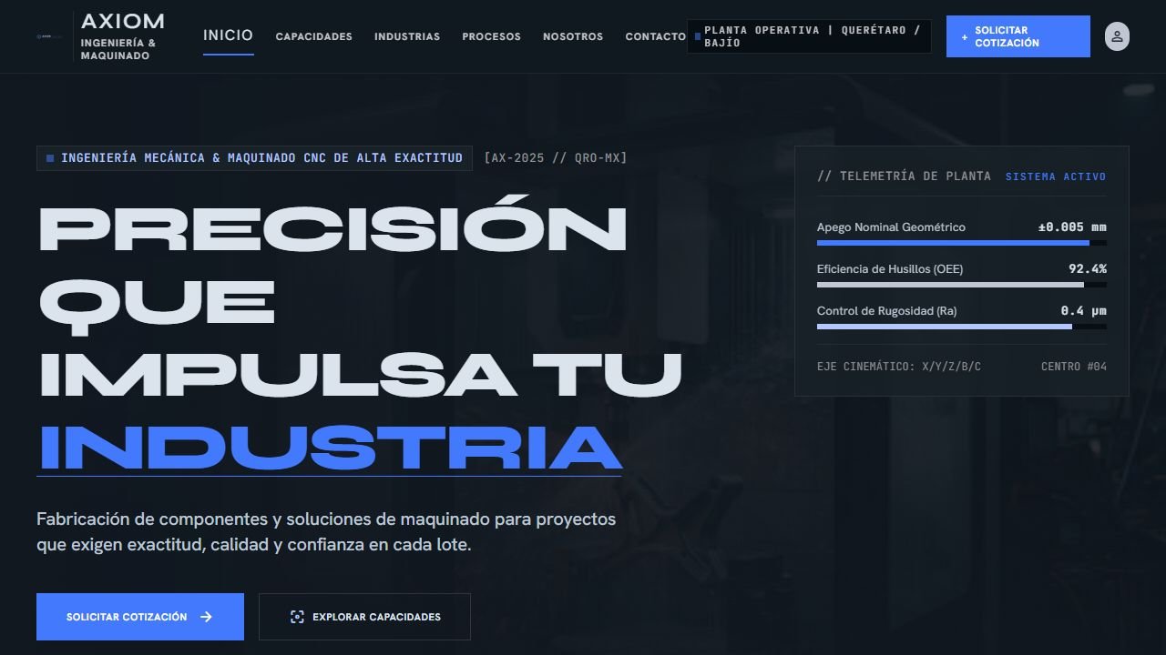 Captura real del diseño web de AXIOM Precision