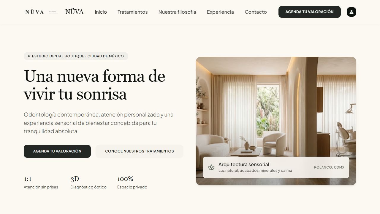 Captura real del diseño web de NÜVA Dental Studio