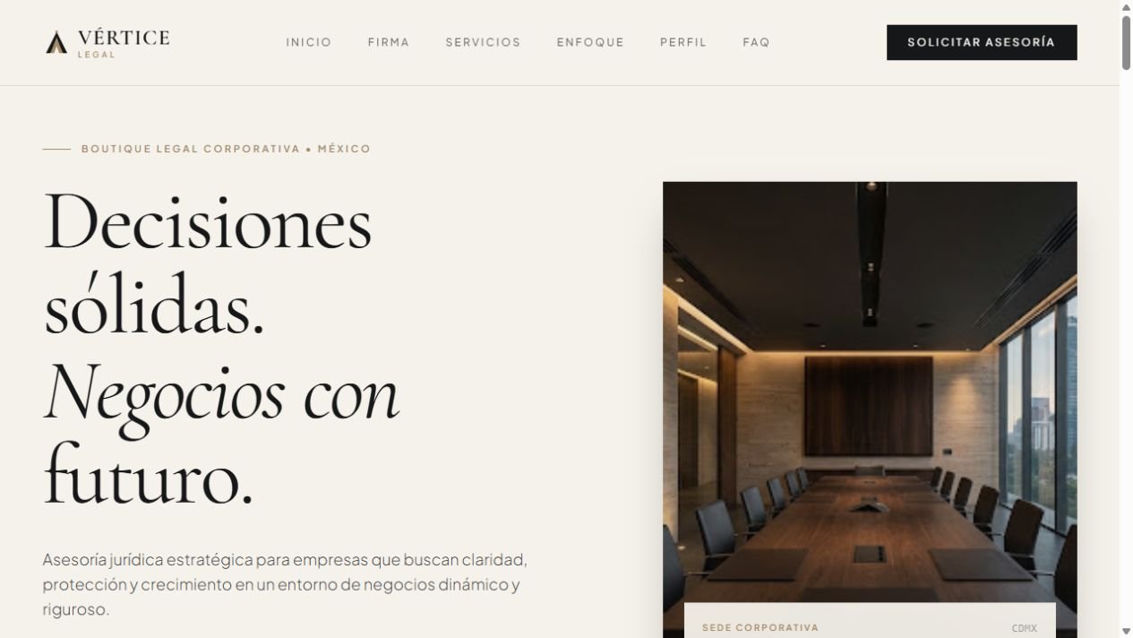 Captura real del diseño web de VÉRTICE Legal